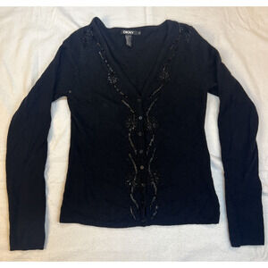 DKNY Vintage Black Beaded Cardigan Medium V-Neck Classic, proper